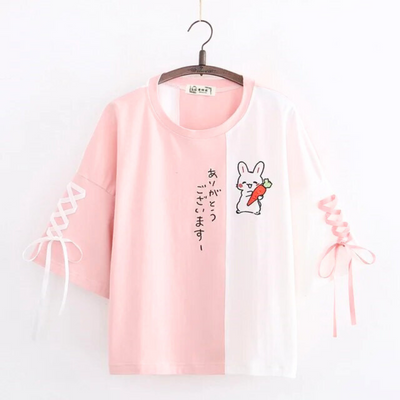 Japanese Style Cute Rabbit Tee in pink, featuring an adorable rabbit design for a charming and playful kawaii look.