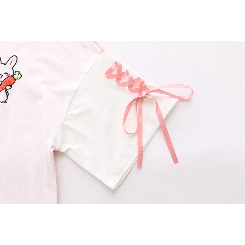 Japanese Style Cute Rabbit Tee in pink, featuring an adorable rabbit design, pink and white back, and cute satin ribbon details for a charming touch.