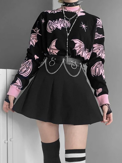 Pink Knit Sweater with Bats and Hearts