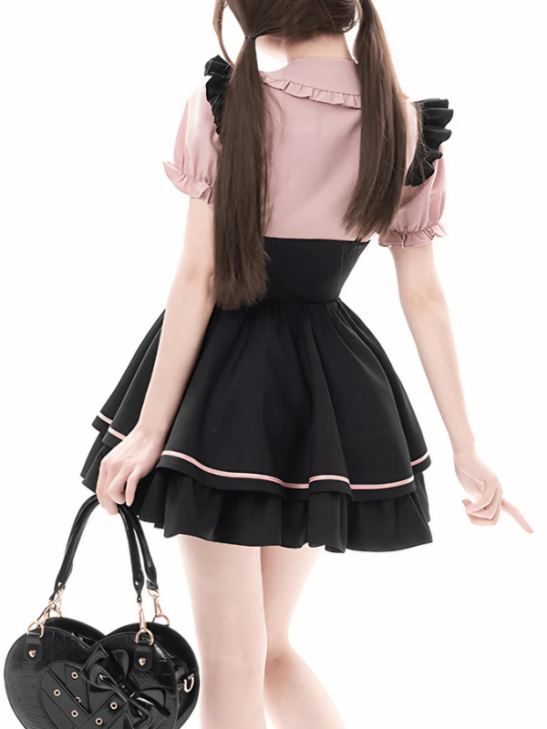 Black Ruffled Suspender Skirt with straps, showcasing a cute and stylish back design with playful ruffles for a chic, edgy look.