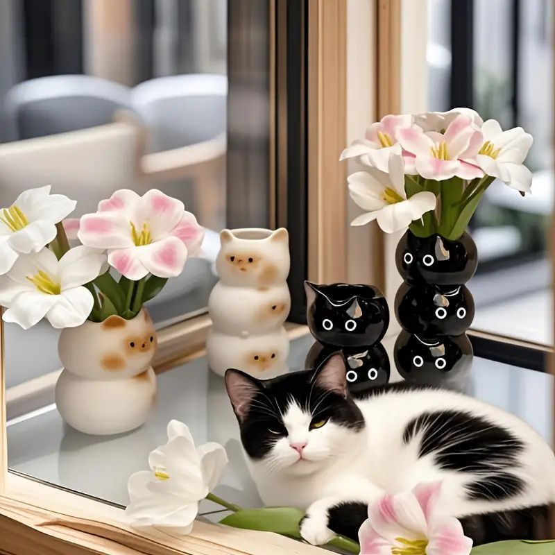 Charming Kawaii Siamese Cat Vase and Holder