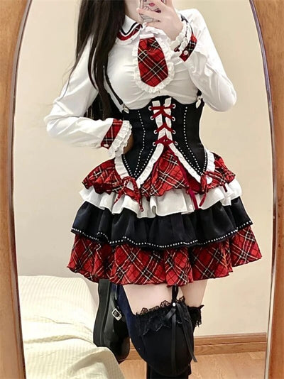 Plaid Pattern Gothic Dress Set Ruffle Skirt