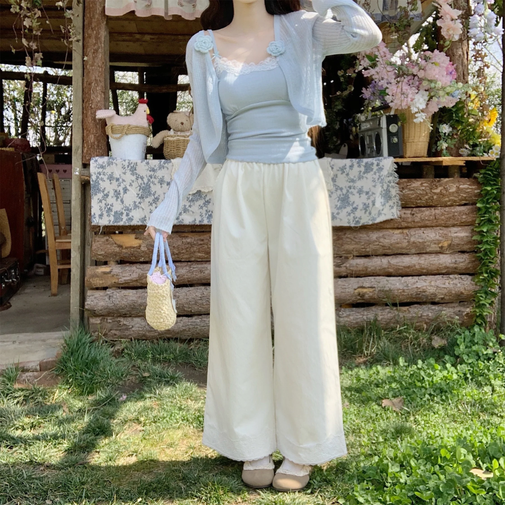 Coquette Lace Hem Pants – Romantic Soft Girl Style