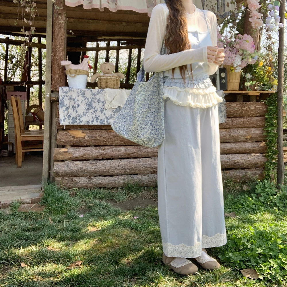 Coquette Lace Hem Pants – Romantic Soft Girl Style