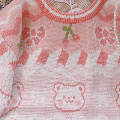 Cute Details Pink Strawberry & Bear Sweater, featuring adorable strawberry and bear designs for a sweet and playful look.
