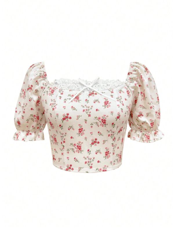 Romantic white floral top with short puff sleeves, square neck, lace chest detail, soft girl style shirt.