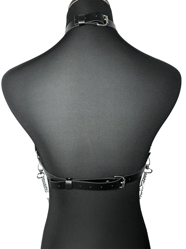 Dark Angel Harness, back view featuring adjustable buckles for a customizable fit, along with detailed straps and chains for an edgy, gothic look.