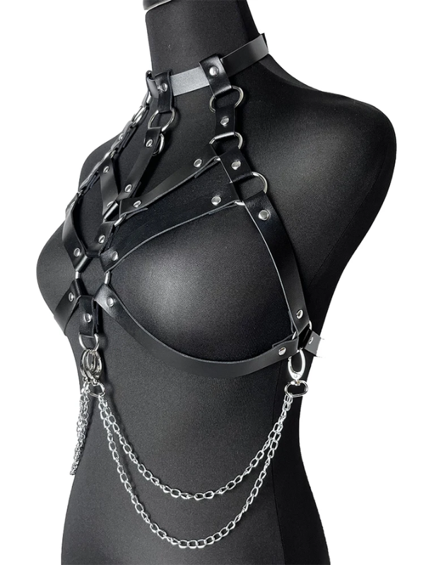 Dark Angel Harness, side view showcasing the bold straps, buckles, and intricate details for a dark, gothic, and edgy aesthetic.