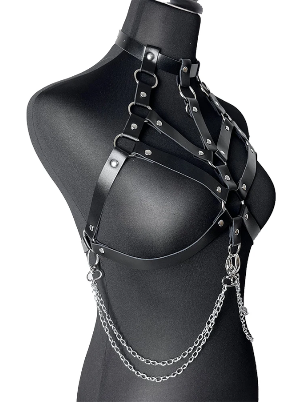 Dark Angel Harness, side view highlighting the detailed chains, adding a bold, gothic touch with a perfect balance of edgy and stylish elements.