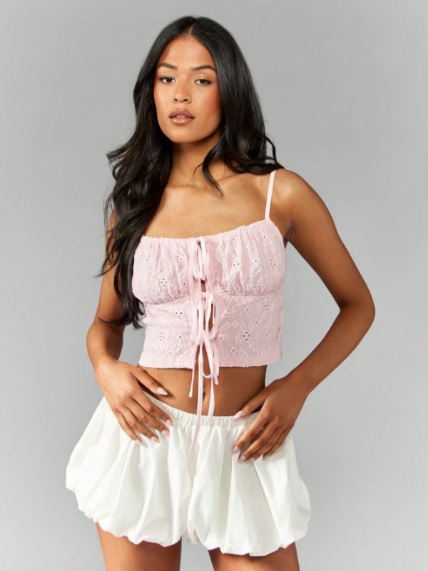 Short Cami Top with Eyelet Embroidery and Adjustable Straps