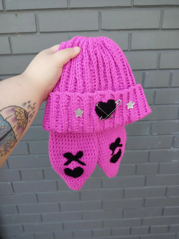 Emo Bunny Crochet Beanie with heart ribbon details, long floppy ears, and a mix of cute and dark aesthetics for a perfect emo vibe.