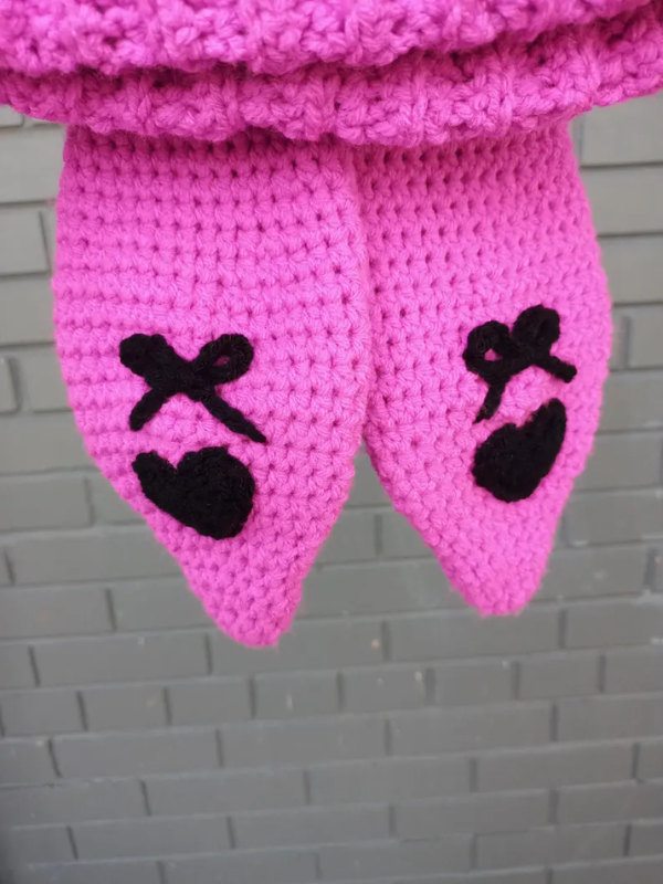 Emo Bunny Crochet Beanie with heart ribbon details, long floppy ears, and a mix of cute and dark aesthetics for a perfect emo-kawaii vibe.