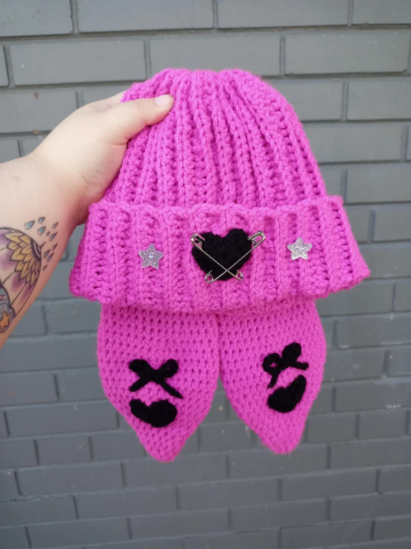 Emo Bunny Crochet Beanie featuring long floppy ears, black yarn details, and a cute yet edgy handmade design for a perfect emo-kawaii style.