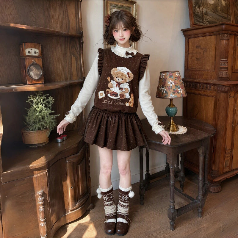 Kawaii Baking Bear Polka Dot Ruffle Sleeveless Dress