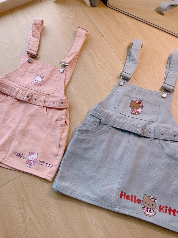 Kawaii Denim Overalls with Kitty Face