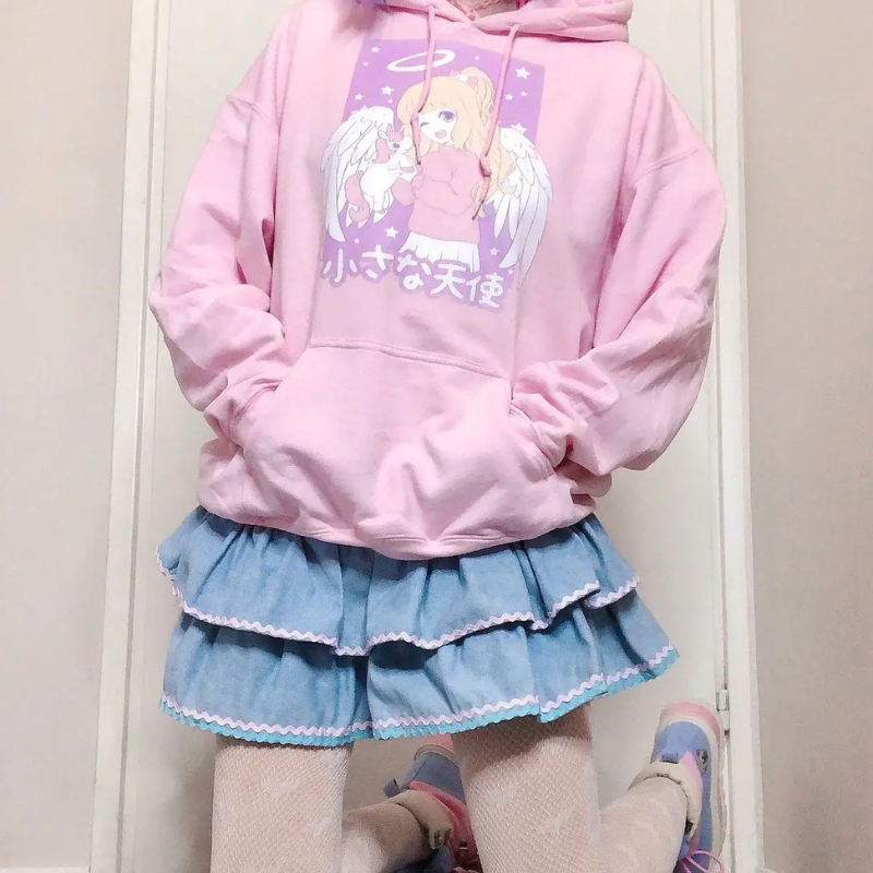 Back view of high waist kawaii jean skirt with flattering fit