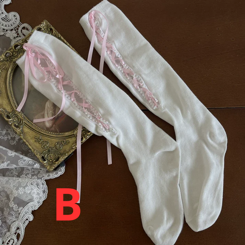 Kawaii Lace Stockings with Bear Garter – White & Black