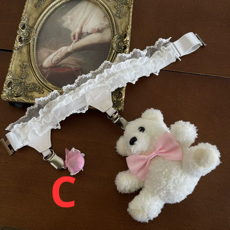 Kawaii Lace Stockings with Bear Garter – White & Black
