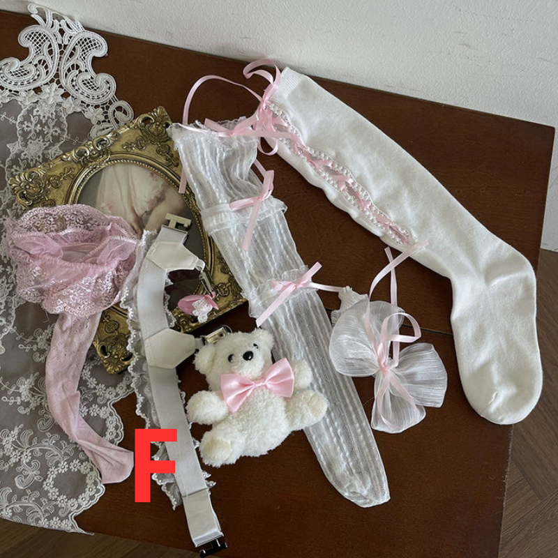 Kawaii Lace Stockings with Bear Garter – White & Black