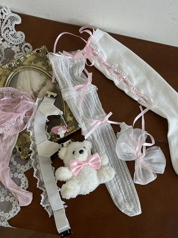 Kawaii Lace Stockings with Bear Garter – White & Black