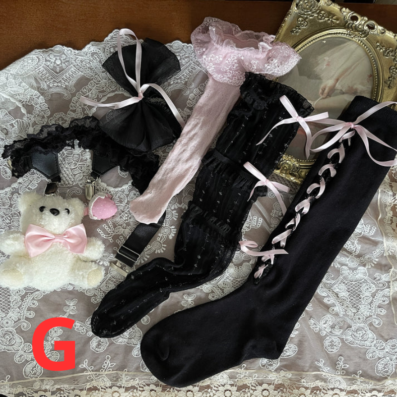Kawaii Lace Stockings with Bear Garter – White & Black