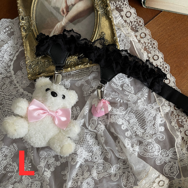 Kawaii Lace Stockings with Bear Garter – White & Black
