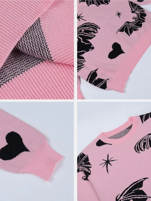Kawaii Pink Knit Sweater with Bats and Hearts, featuring long sleeves and a round collar for a cute and cozy look with a playful design.