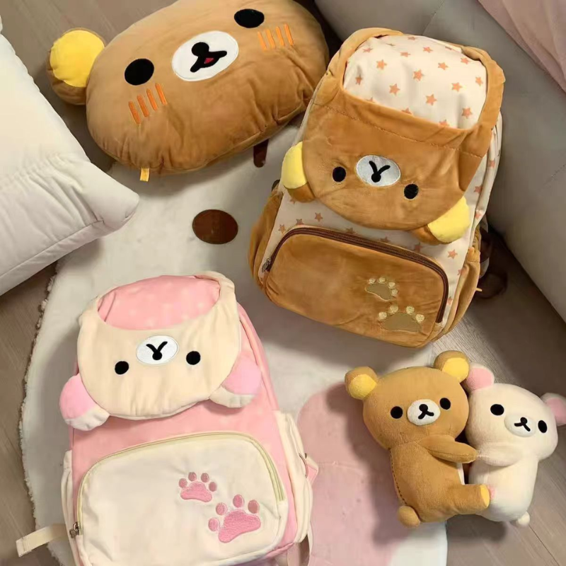 Kawaii Plush School Backpack – Brown & Pink