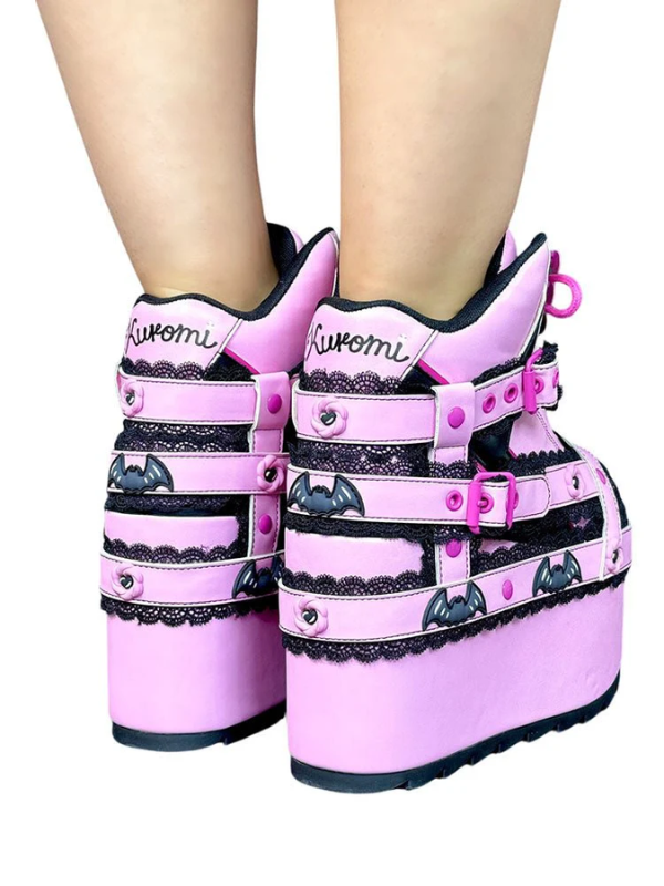 Pink Kuro Dream Platforms, back view featuring black lace-up details and chunky heels for a stylish kawaii punk statement.