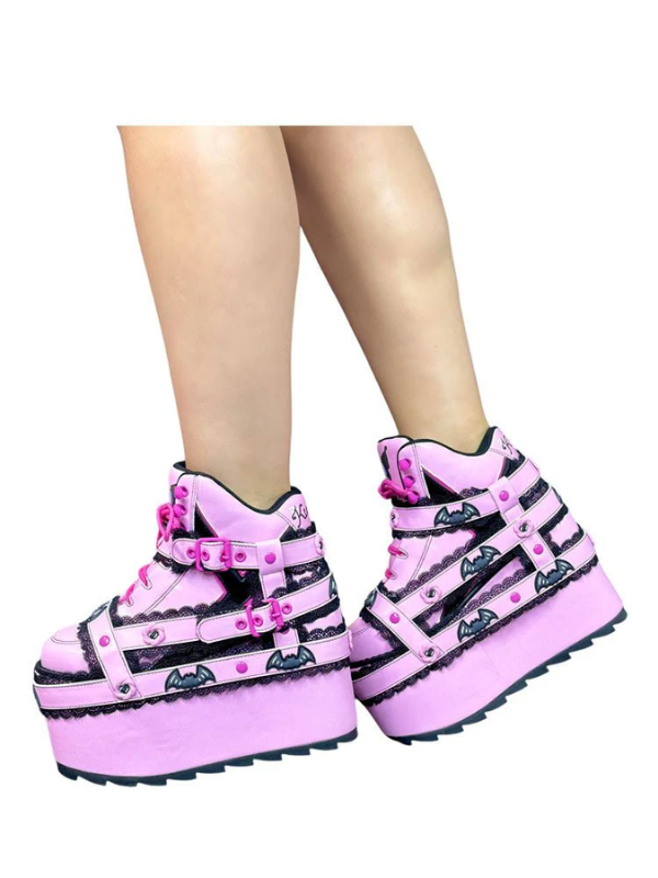 Pink Kuro Dream Platforms with detailed small bat accents, adding a spooky-cute touch to the bold kawaii punk aesthetic.