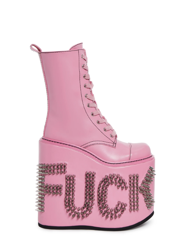 Pink Never Censored Platform Boots, side view showcasing the bold pink color, chunky platform soles, and striking design for a daring, stylish look.