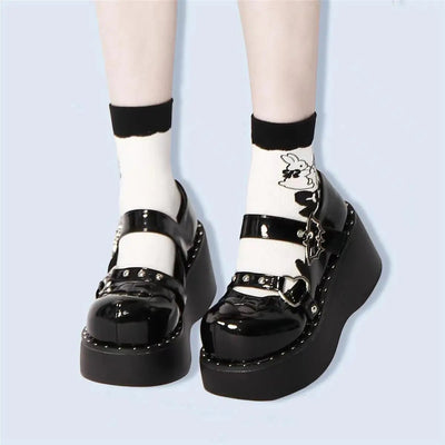 Black Mary Jane Platform Shoes with Bat Decoration