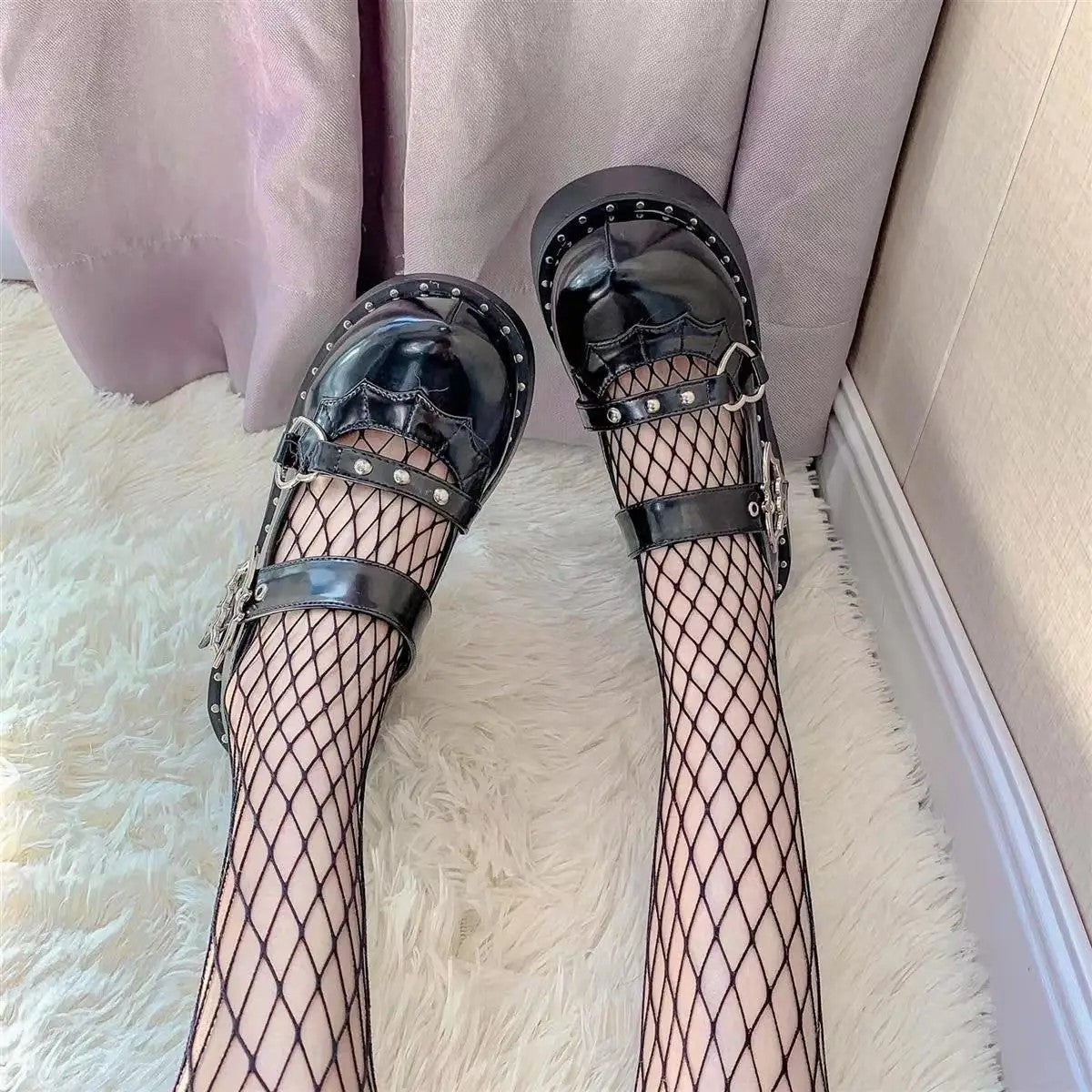 Black Mary Jane Platform Shoes with Bat Decoration