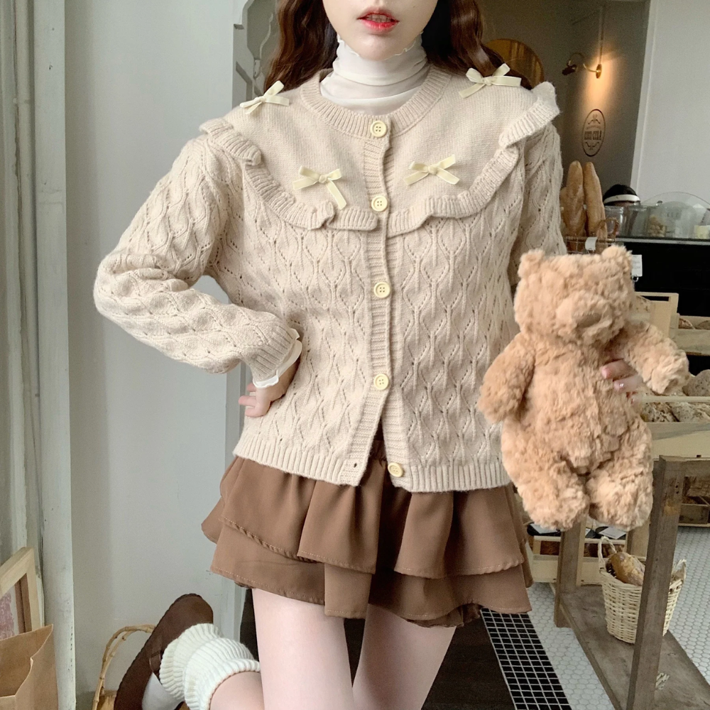 Sweet Bowknot Round Collar Cardigan – Soft Girl Coquette Aesthetic