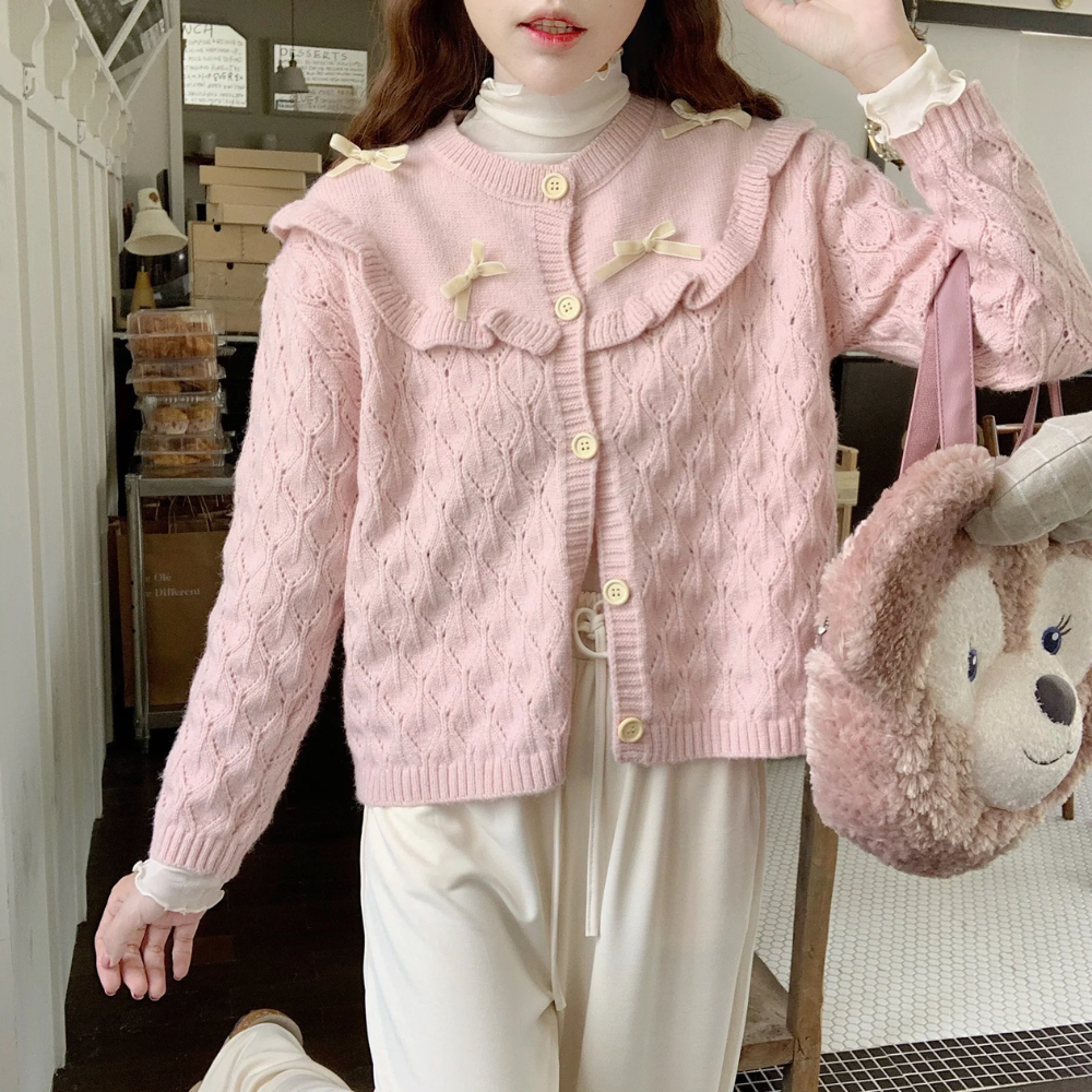 Sweet Bowknot Round Collar Cardigan – Soft Girl Coquette Aesthetic