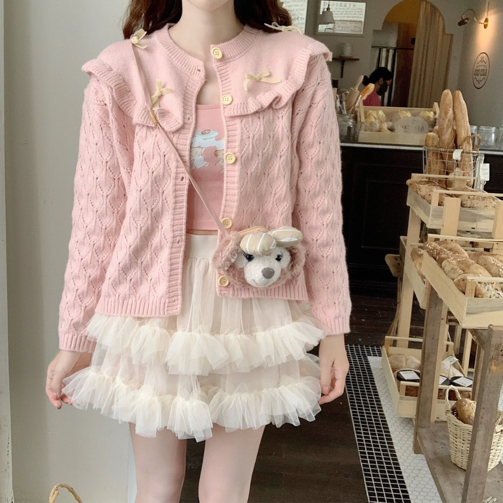 Sweet Bowknot Round Collar Cardigan – Soft Girl Coquette Aesthetic