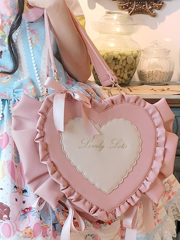 SweetheartCandyBag pink heart-shaped bag with delicate ruffles around, perfect for a sweet and charming touch.