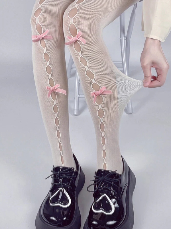 White & Pink Bow Tights