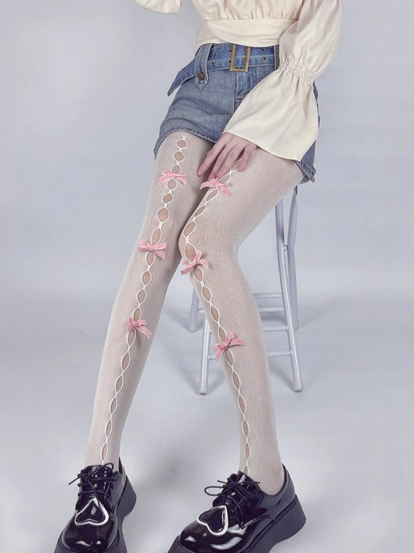 White & Pink Bow Tights