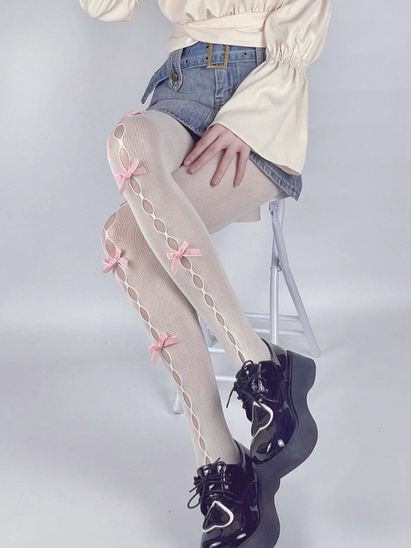 White & Pink Bow Tights
