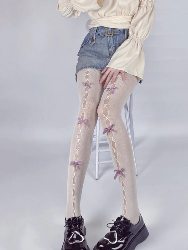White & Pink Bow Tights