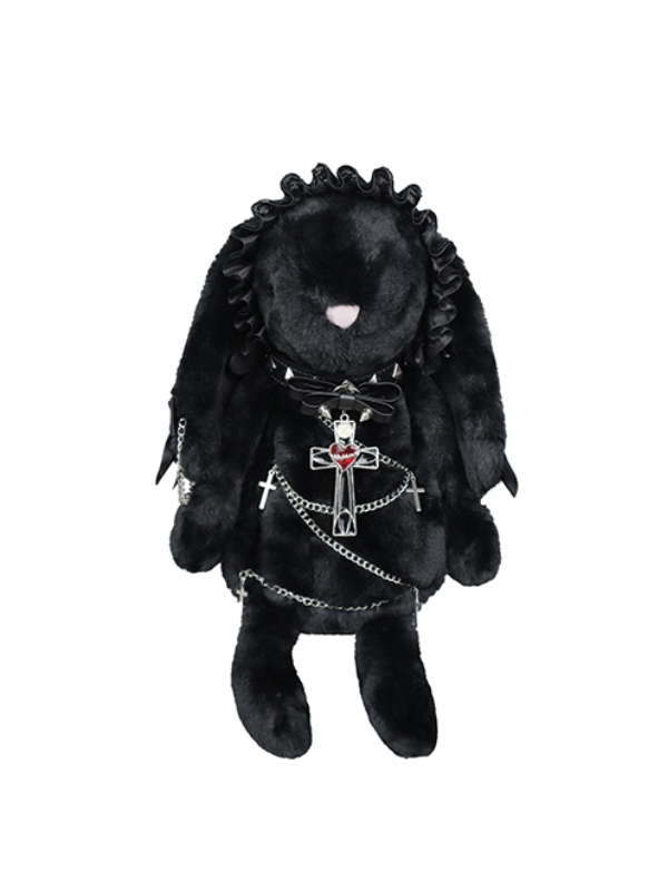 Bunny bag with large ears, leather collar, and cross pendant, showcasing a bold gothic style from all angles.