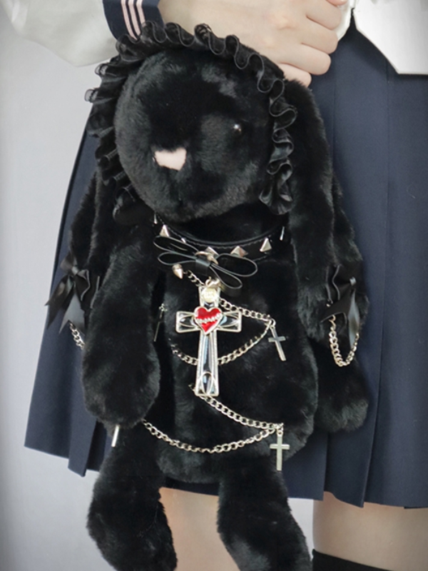 Bunny bag with large ears, leather collar, and cross pendant, perfect for a bold gothic style.