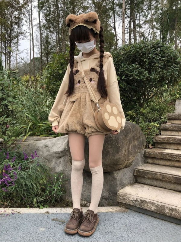 Kawaii Plush Bear Suspender Shorts – Fuzzy Teddycore Aesthetic