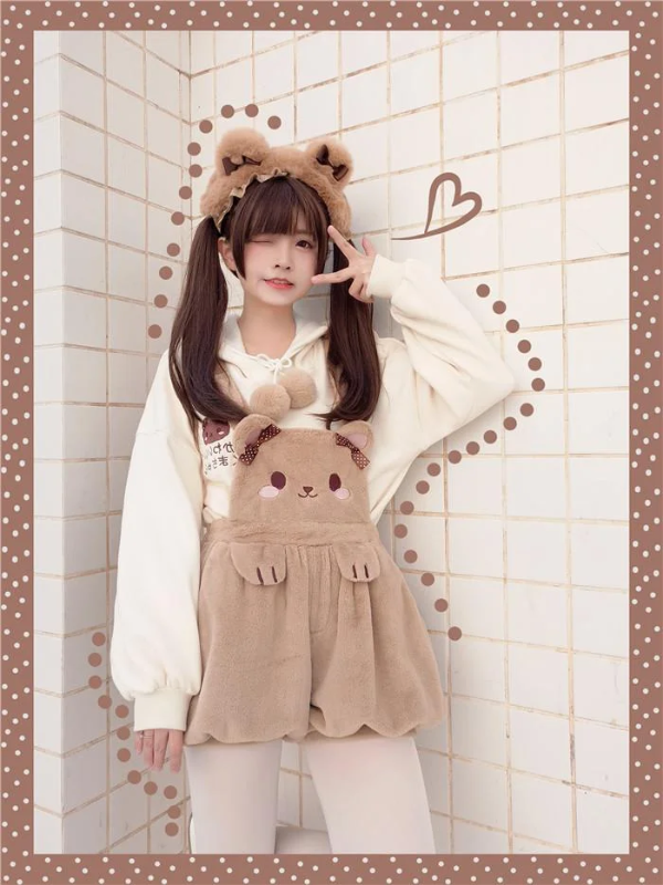Kawaii Plush Bear Suspender Shorts – Fuzzy Teddycore Aesthetic