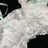Lolita Lace Underwear Suit with cute lace, pastel green satin ribbon, and small roses at the center of the bra for a delicate and charming touch.