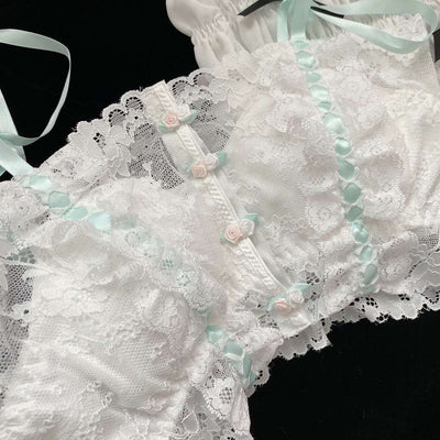 Lolita Lace Underwear Suit with cute lace, pastel green satin ribbon, and small roses at the center of the bra for a delicate and charming touch.