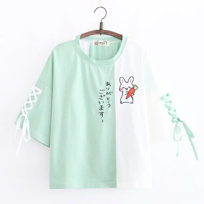 Japanese Style Cute Rabbit Tee in green, featuring an adorable rabbit design for a charming and playful look with a touch of Japanese kawaii style.