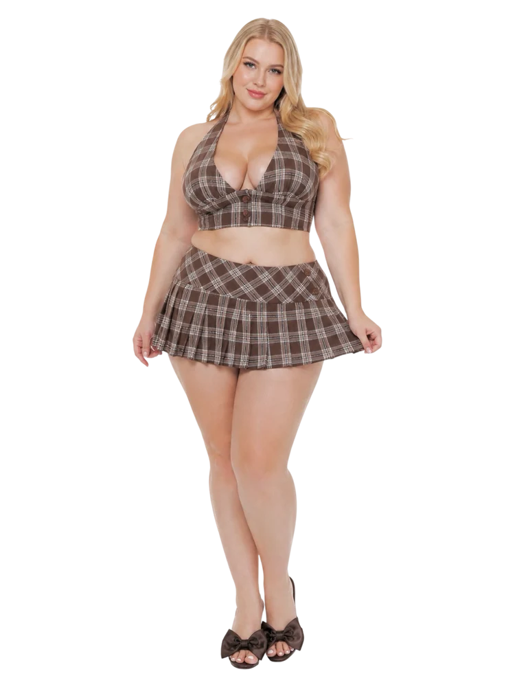 Girly Plaid Halter Crop Top – Brown