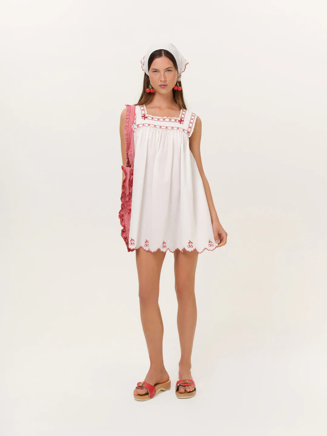 Red Embroidered Cotton Babydoll Mini Dress